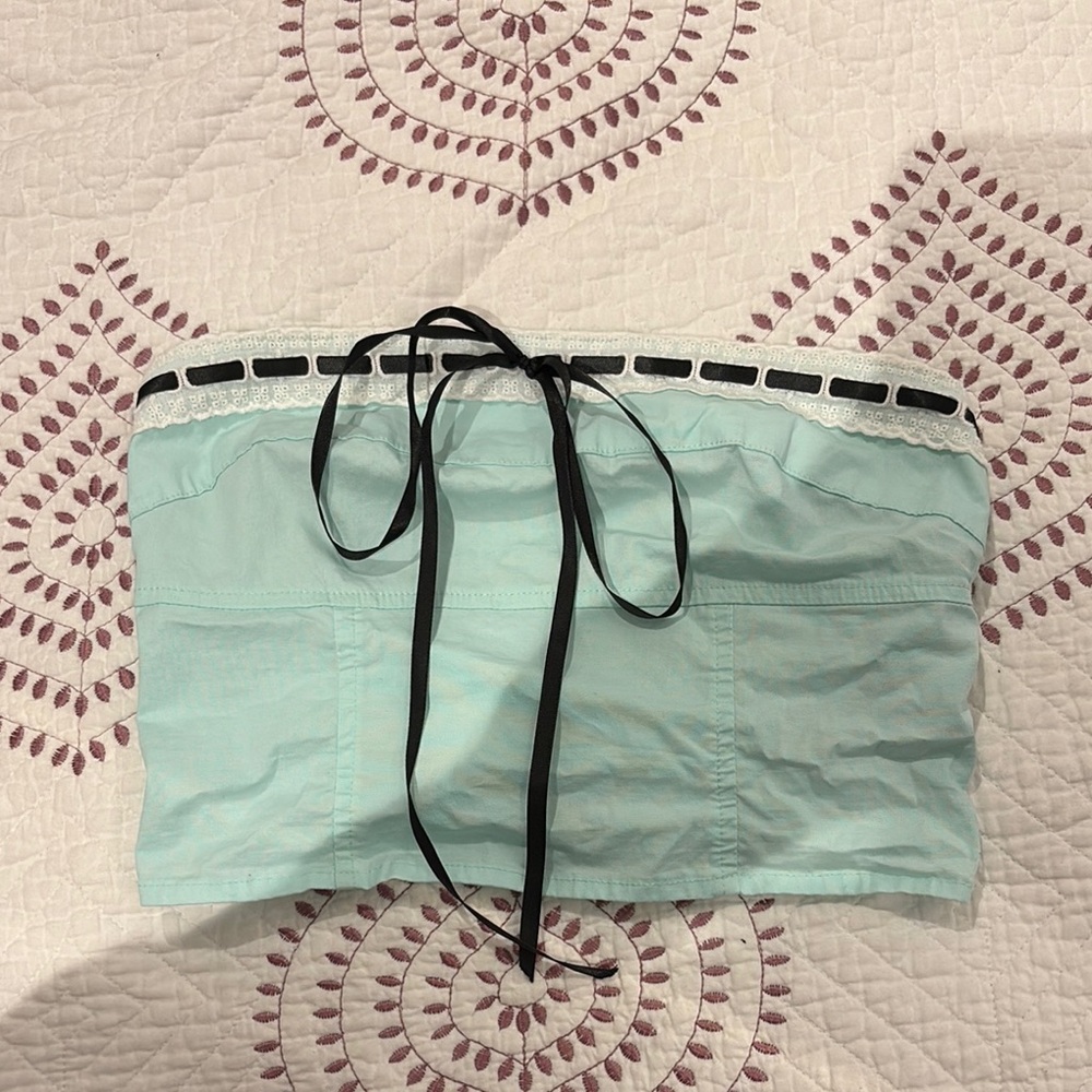 Edikted Light Green Strapless Top with Black Ribbon